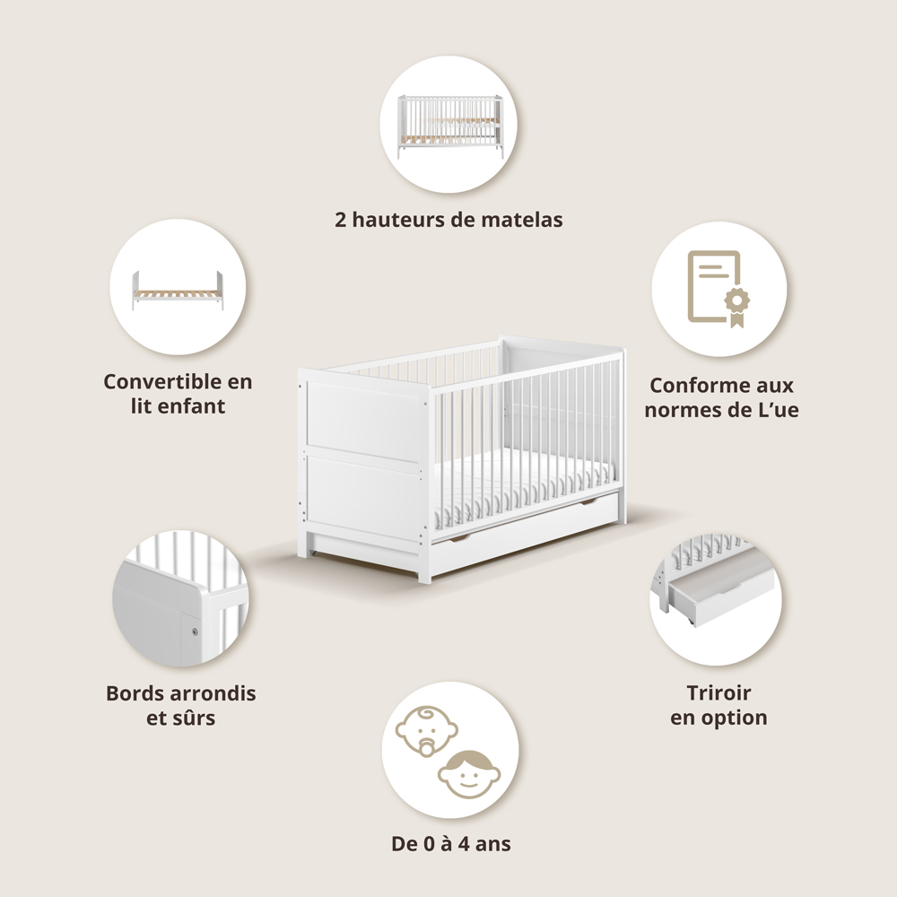 Lit Bébé Évolutif 3 En 1 (0-4 Ans), Lit Enfant 70x140 Cm - Blanc (Petite Amélie) - Image 4