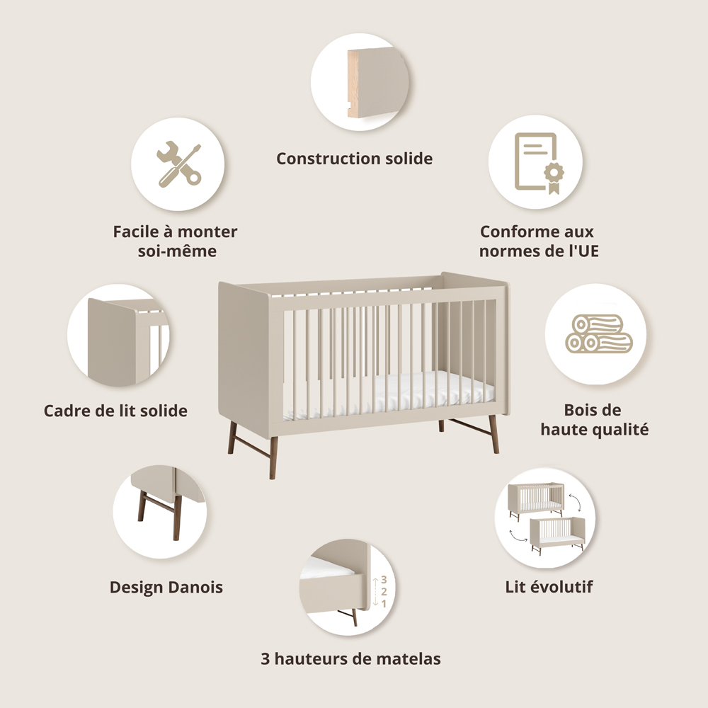 Petite Amélie | Lit bébé évolutif Roseau | Panneau de particules et hêtre | Avoine | 70x140 cm | De la naissance à 4 ans | Design danois (Petite Amélie) - Image 2