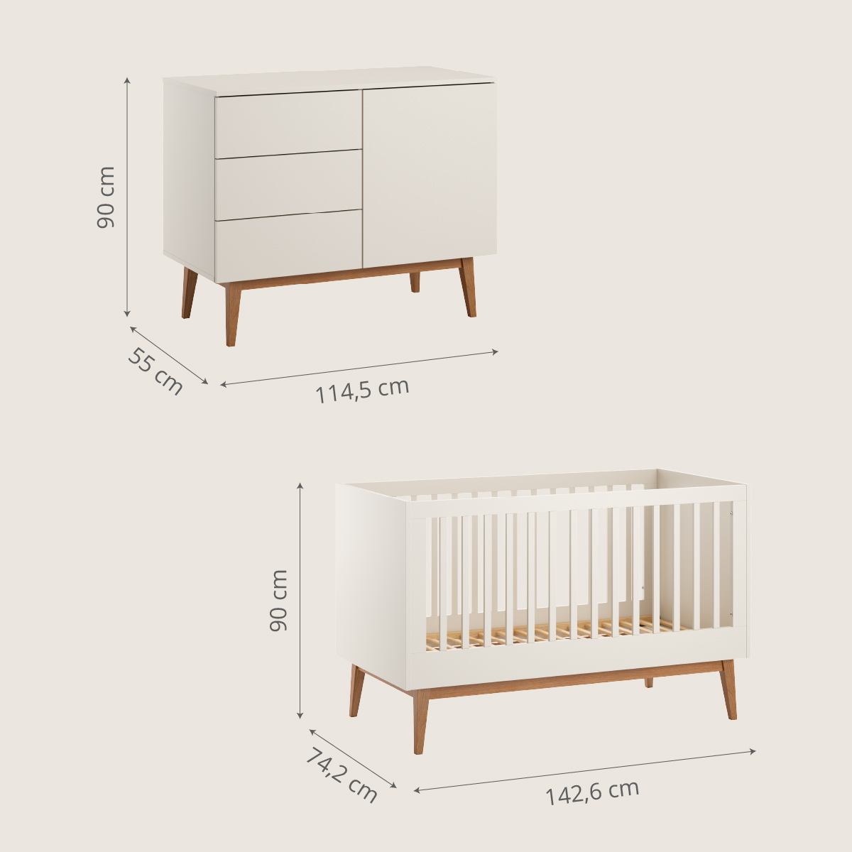 Petite Amélie | Chambre bébé évolutive Amande | Bois et hêtre | Avoine | 2 éléments | Lit évolutif et commode avec pieds inclinés en bois massif (Petite Amélie) - Image 1