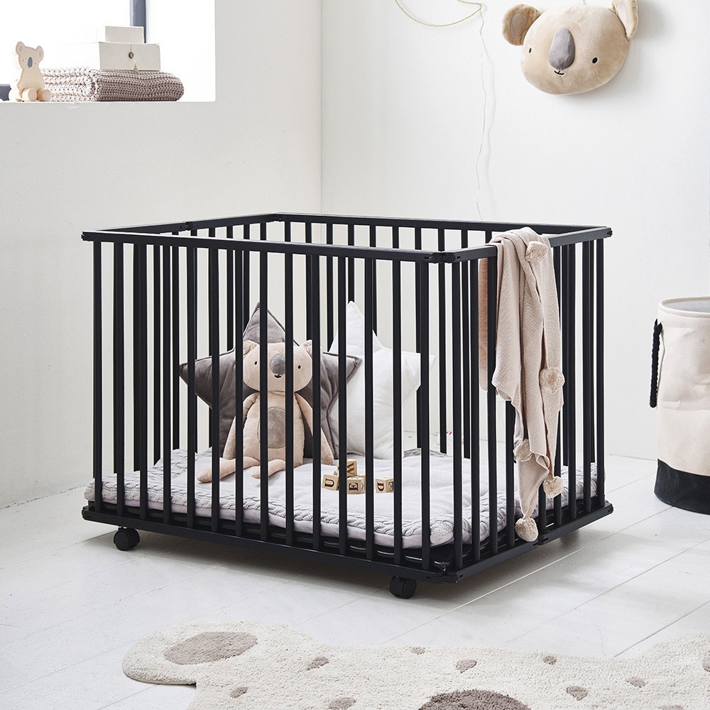 Parc pour bébé en bois Noir pliable sur roulettes