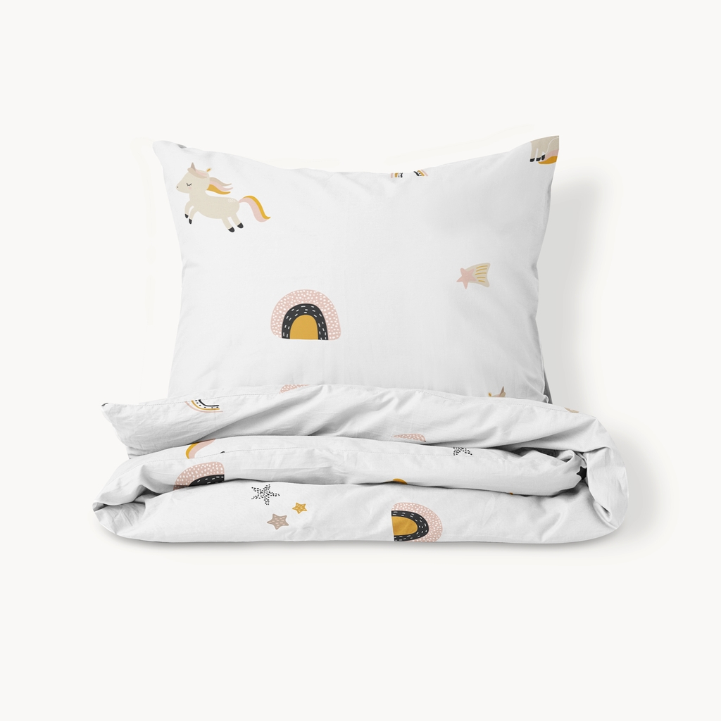 Parure de lit enfant Licorne «Lara» 120x150cm et taie d'oreiller | Coton biologique | blanc