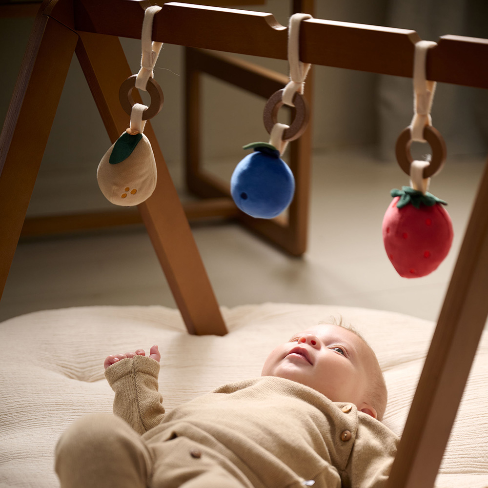 Petite Amélie Portique d'éveil bébé | Bois | Noyer | 60x50x48 cm | Avec trois accessoires en peluche amovibles pour le développement sensoriel (Petite Amélie) - Image 9