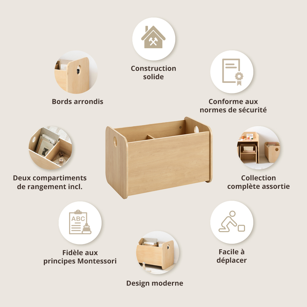 Petite Amélie Coffre à jouets Montessori | Ellipse | Bois | Naturel | Design ouvert et bas | Deux compartiments de rangement séparés (Petite Amélie) - Image 2