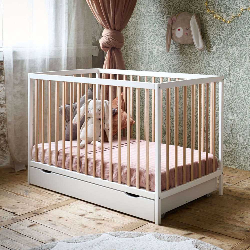 Lit bébé oeuf (matelas inclus) 60 x 120cm Blanc/Naturel