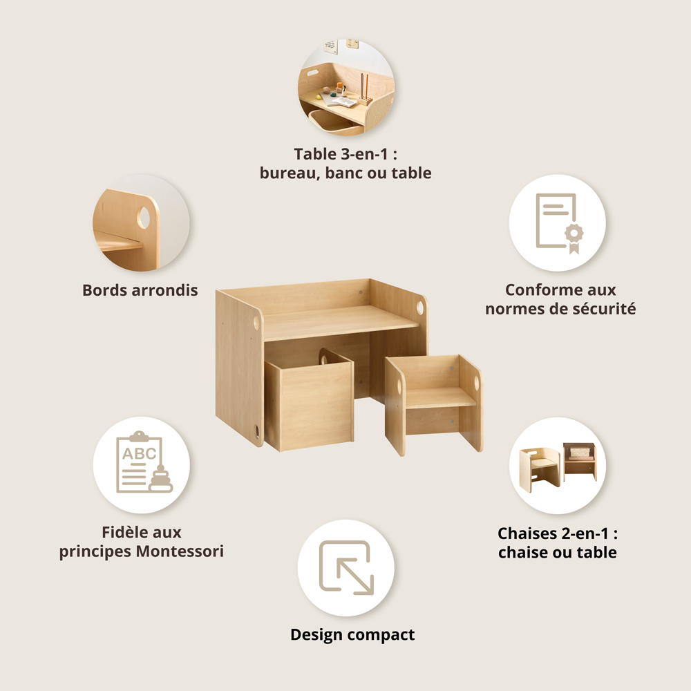 Petite Amélie | Set de table et chaises Montessori Ellipse | En bois | Naturel | Pour enfants | Design ergonomique avec coins arrondis (Petite Amélie) - Image 3