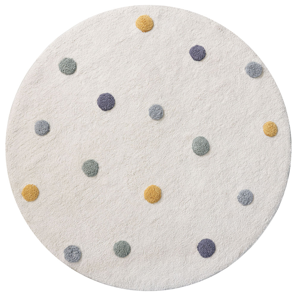 TAPIS ENFANT LAVABLE ROND| BLANC CASSÉ À POIS COLORÉS