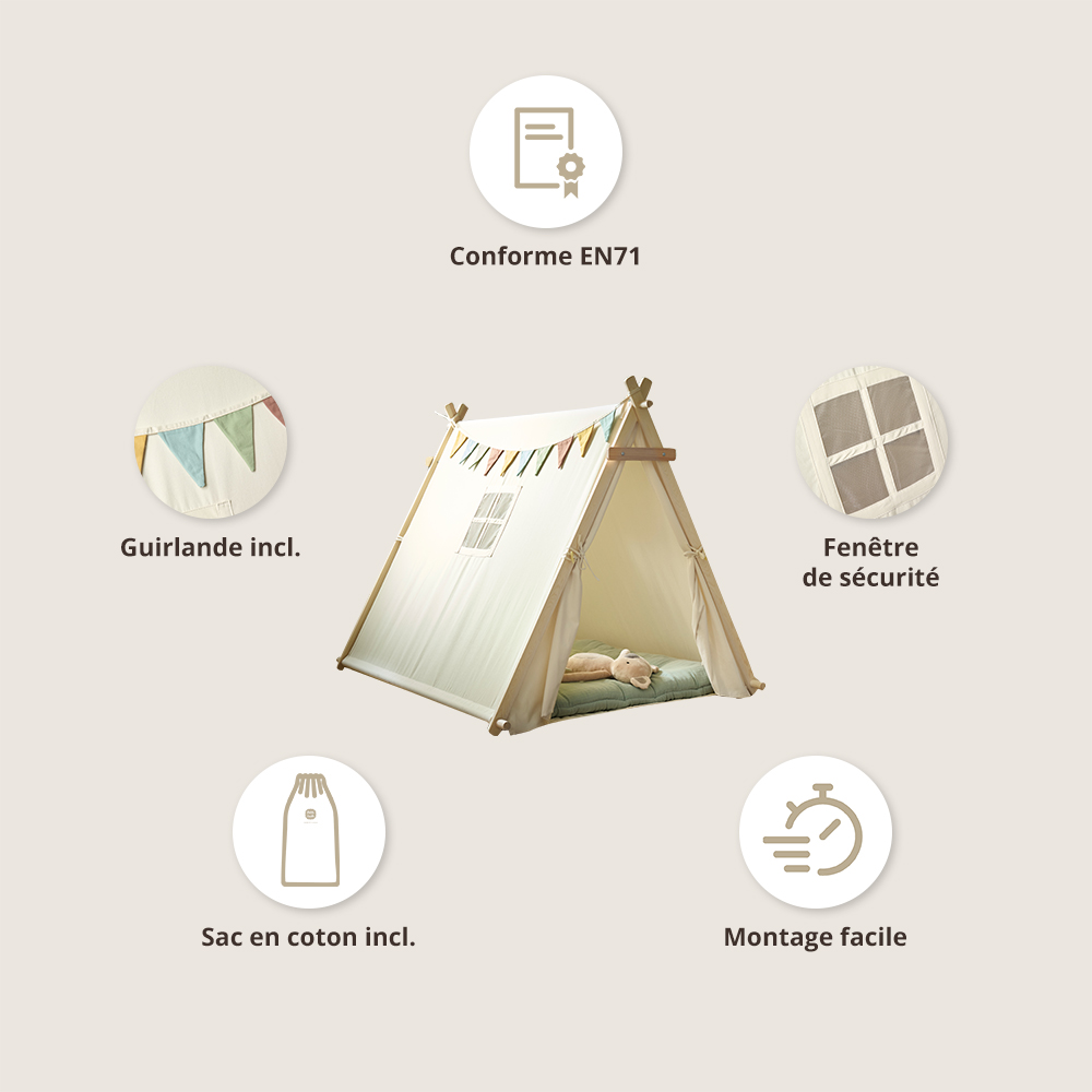 Petite Amélie Tente tipi enfant | Modèle Fête | Toile robuste | Beige clair | Aire de jeu avec tapis de sol et guirlande incluse (Petite Amélie) - Image 2