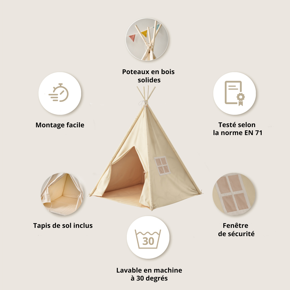 Petite Amélie | Tipi enfant en toile de coton | Beige | 158 cm de haut x 120 cm de diamètre | Tente de jeu avec tapis de sol inclus (Petite Amélie) - Image 2