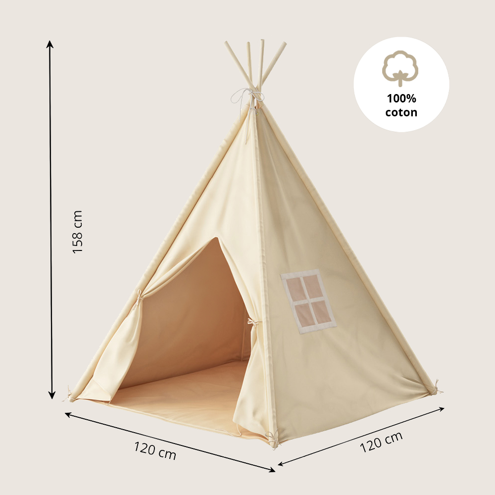 Petite Amélie | Tipi enfant en toile de coton | Beige | 158 cm de haut x 120 cm de diamètre | Tente de jeu avec tapis de sol inclus (Petite Amélie) - Image 4