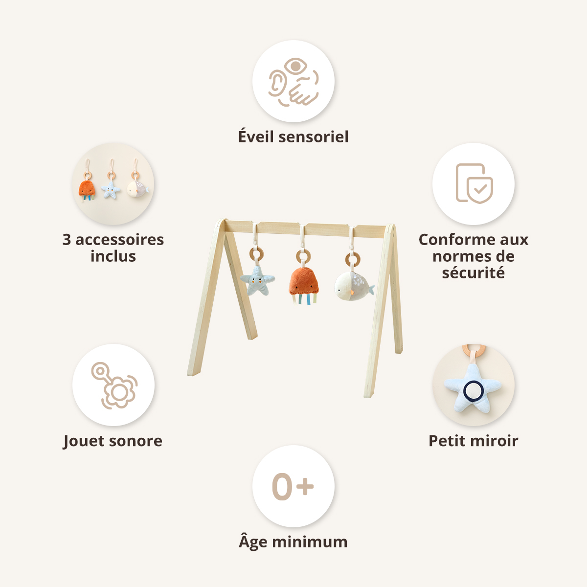 Petite Amélie | Portique d'éveil bébé Mer | Bois naturel | 60x50x48 cm | Arche de jeu pour nourrisson avec trois accessoires en peluche amovibles (Petite Amélie) - Image 3