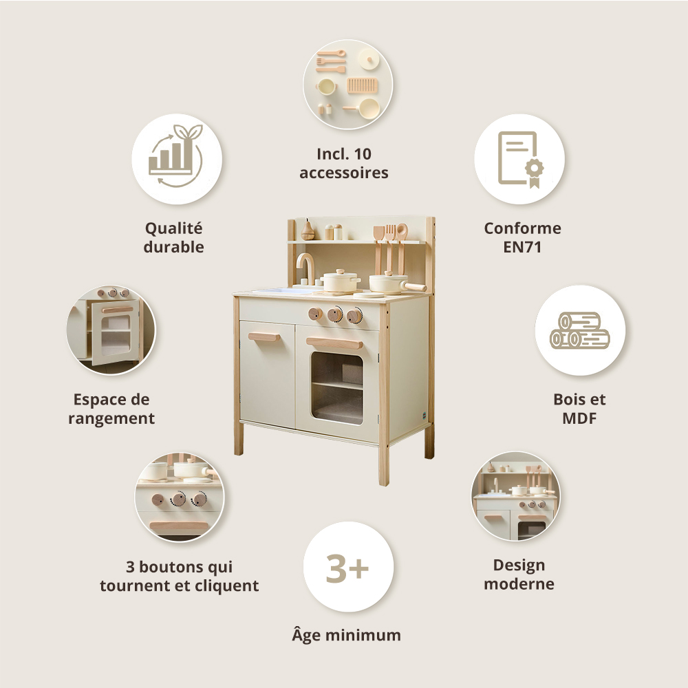 Petite Amélie | Cuisine en bois enfant Chantilly | Bois durable | Beige | 55x32x76 cm | Set de 10 accessoires inclus | Pour enfants 3 ans et plus (Petite Amélie) - Image 2