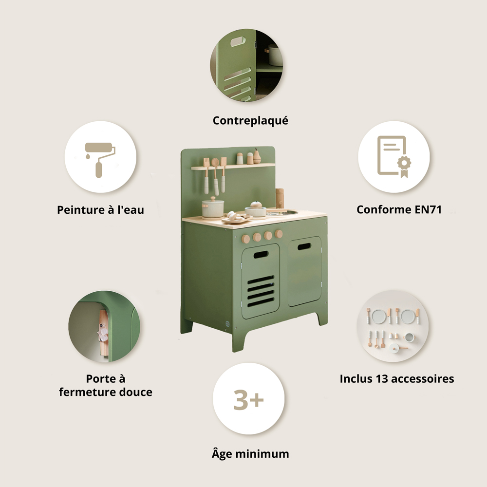 Petite Amélie | Cuisine enfant en bois | Jeu d'imitation Olive | Vert olive et blanc | 13 accessoires inclus pour des heures de créativité (Petite Amélie) - Image 2