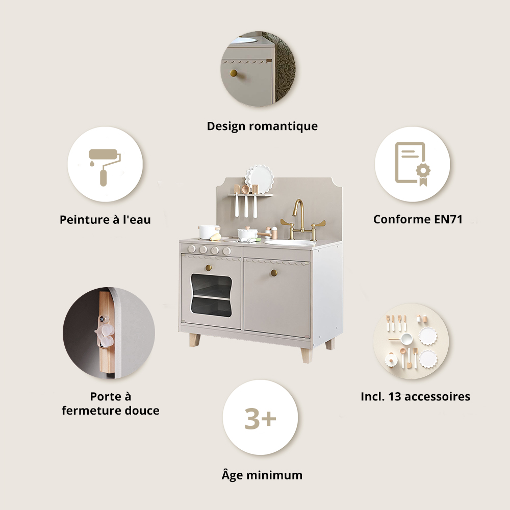Petite Amélie | Cuisine enfant en bois Sorbier | Jeu d'imitation avec 13 accessoires | Taupe | Design robuste et intemporel pour chambre d'enfant (Petite Amélie) - Image 2